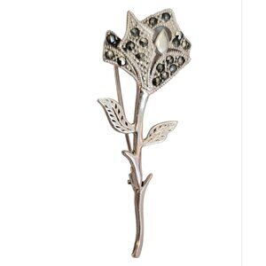 Sterling Silver Marcasite Stemmed Rose Flower Pin Brooch, M557